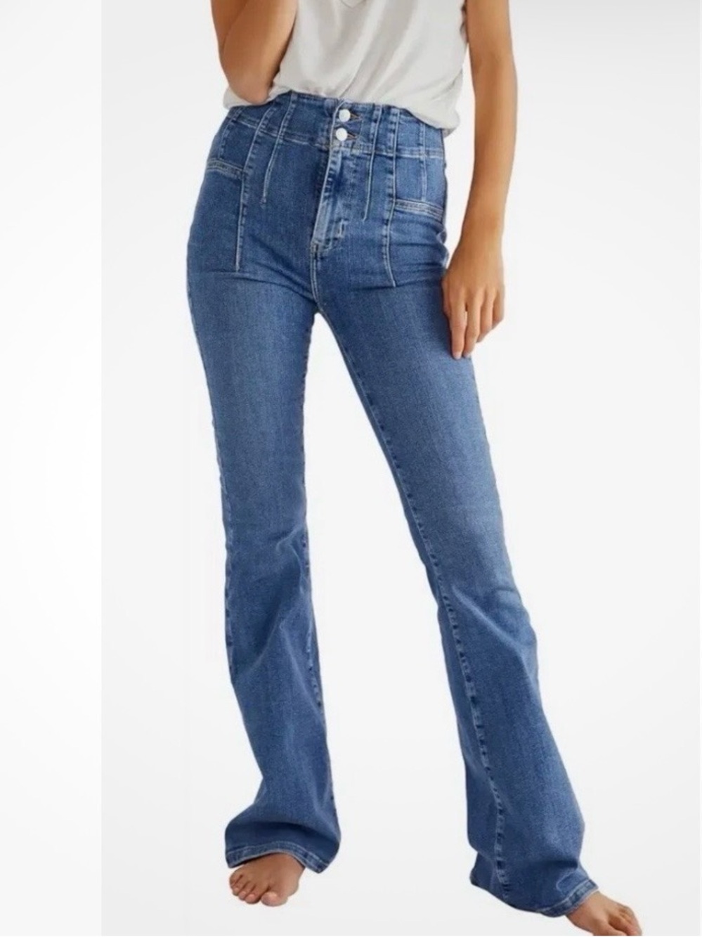 Free People We The Free Jayde High Rise Flare Leg Raw Hem Blue Jeans Sz 31